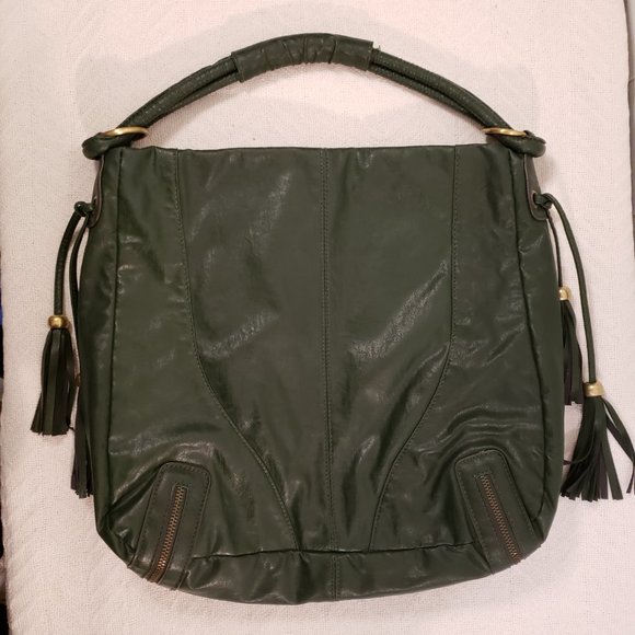 BUENO Green Slouchy Tote Bag Sz Large Vegan Leather Tassels Zippers *NOTE issues - Picture 2 of 16